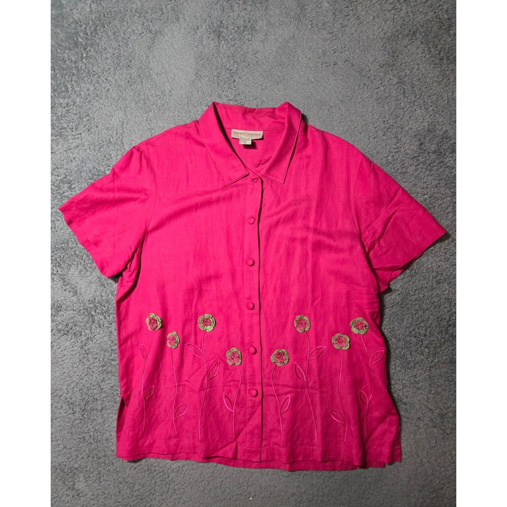 Sweet Jessie Women's Pink Linen Blend Embroidered  Button Down Shirt Size 16 Y2K